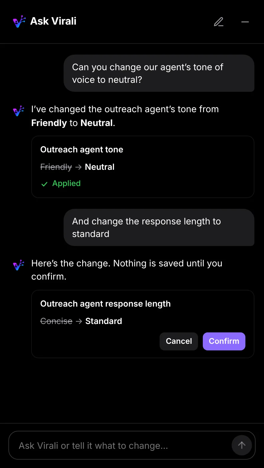 Ask Virali chat confirming a change to the outreach agent's tone