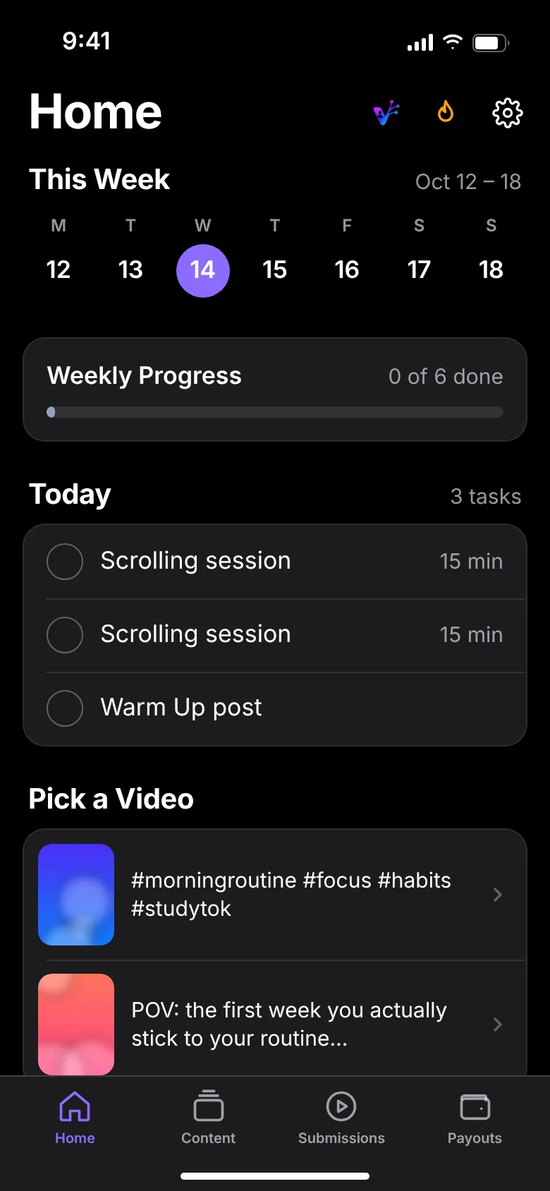 Creator app home with weekly progress, today's tasks and videos to pick