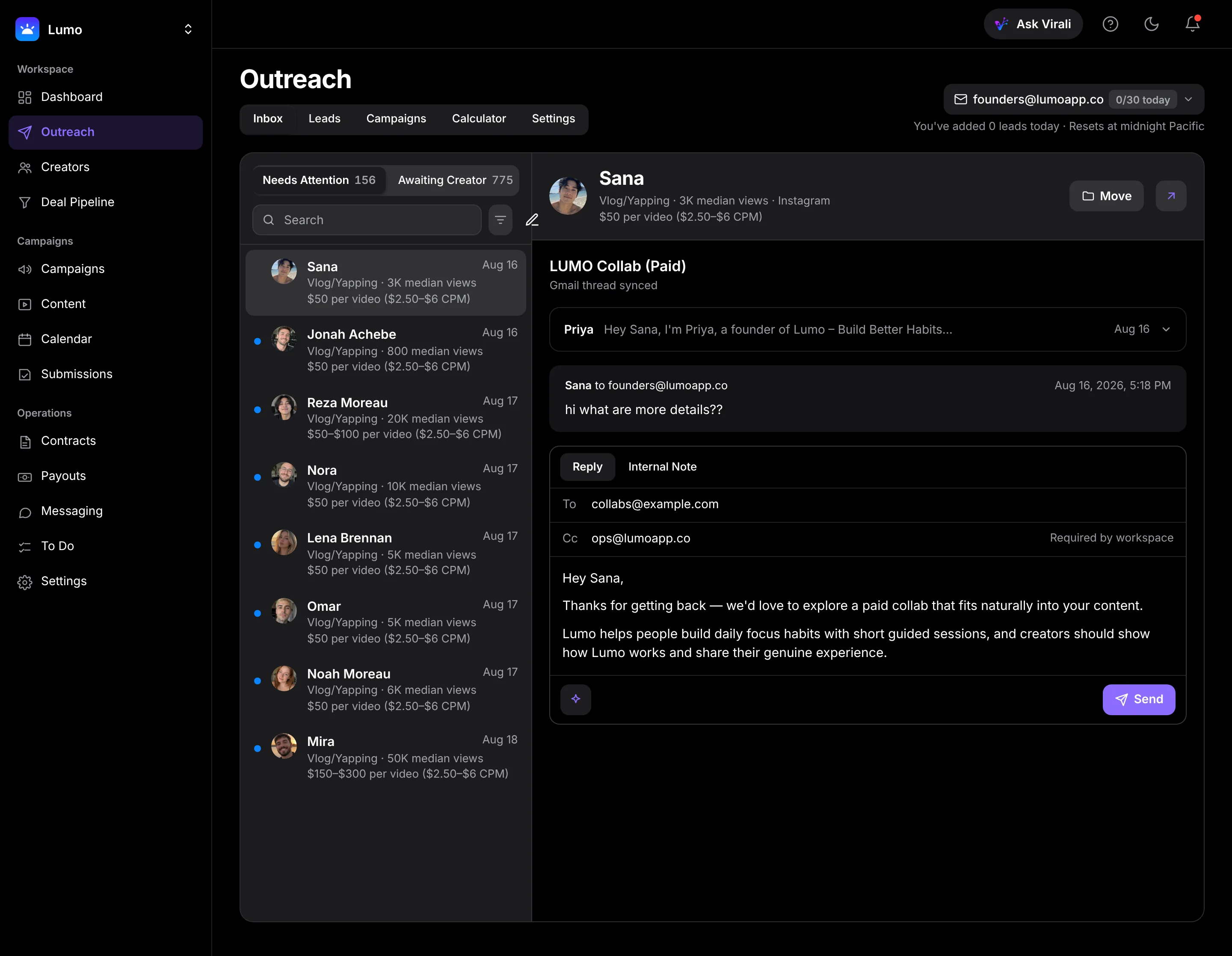 Outreach inbox with creator conversations on the left and an AI-drafted reply on the right